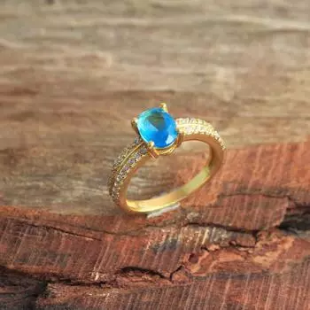 Голубой топаз Циркон Желтое позолоченное кольцо 100% стерлингового серебра 925 пробы Женские свадебные украшения 5 жёлтый/золотой