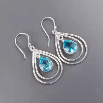 Голубой Топаз Небесно-голубого цвета Драгоценный камень 925 Стерлинговое серебро Ювелирные изделия ручной работы Серьги 2.00 EE-34-3