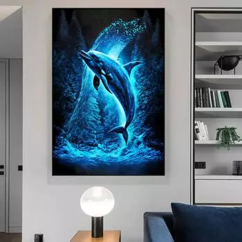 Голубые дельфины, холст, картина, принт, современный настенный художественный постер, абстрактная мечтательная картина с животными, гостиная, спальня, домашний декор, Куадрос 21x30cm No Framed