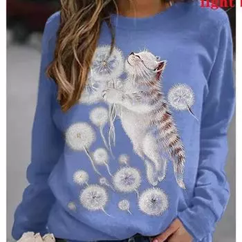 Голубые футболки с 3D принтом котенка, женские топы, пуловер с длинными рукавами и круглым вырезом, женские футболки, футболка для женщин XS чёрный