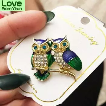 Голубые глаза эмалевые булавки со стразами пара совы брошь животные броши для женщин одежда шарф пряжка воротник ювелирные изделия