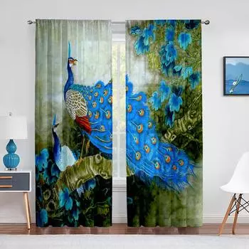 Голубые красивые прозрачные шторы с изображением павлина, птиц, цветов, растений для гостиной, спальни, декор, тюлевые шторы, кухонные шифоновые занавески 1 PCS W100XH250cm&Rod Pocket