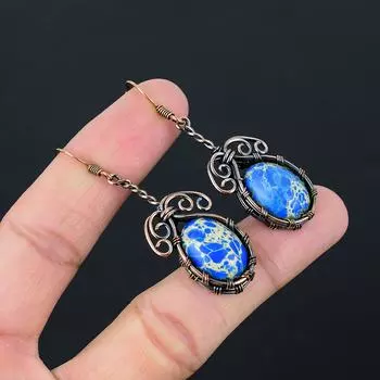 Голубые морские отложения, драгоценный камень, чистая медная проволока, обернутые серьги ручной работы, ювелирные изделия 2.28 Inches синий