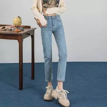 Голубые прямые джинсы для женской одежды, новый свободный крой с высокой талией, узкие и миниатюрные брюки