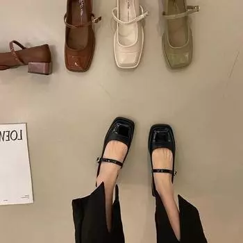 Гонконг Черный квадратный голова мода светлый рот одиночные туфли женские одна пуговица толстый каблук Мэри Джейн маленькие кожаные туфли 35 коричневый