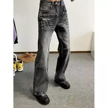 Гонконгские модные мужские летние новые 2024 персонализированные джинсы с буквами в стиле хип-хоп, модные уличные модные красивые брюки Rascal S чёрный