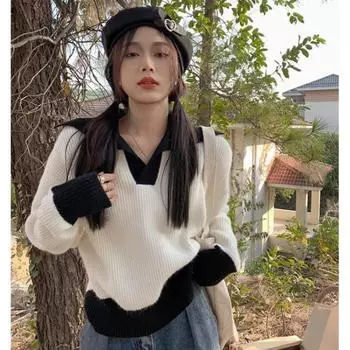 Гонконгский пуловер, шикарный розовый свитер с лацканами, женский зимний свободный мягкий клейкий маленький мужской цветной контрастный вязаный свитер, пуловер, топ One Size розовый