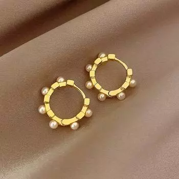Гонконгский ветер, простой темперамент, жемчужные ушные блоки, женские сетчатые красные нишевые трендовые круглые серьги, высококачественные чувствительные серьги золотистый