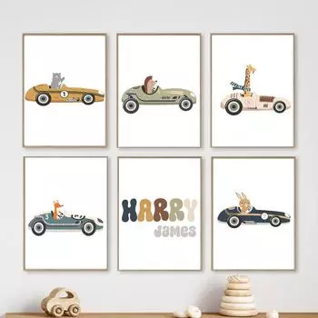 Гоночная машина с животными, медведь, жираф, лиса, кролик, детская настенная живопись на холсте, постеры на скандинавскую тему и принт, украшение для комнаты для маленького мальчика A4 21X30cm No Framed