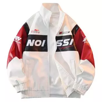 Гоночный комбинезон Вышитая кожаная куртка Мужская куртка из мотоциклетной кожи со стойкой XXXL белый