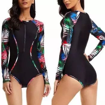 Гоночный купальник европейский и американский новый модный принт с принтом мяса, консервативный и тонкий солнцезащитный костюм с молнией и длинным рукавом для серфинга, женский купальник S
