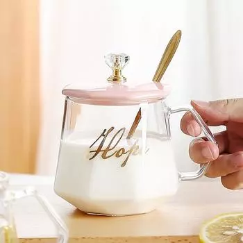 Good-looking Breakfast Cup Crown Water Cup Handle Glass Water Cup Coffee Cup with Spoon Girls Office Gift Cup 301-400ml