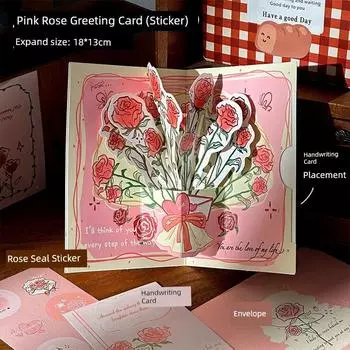 Good-looking Three-Dimensional Rose Valentine s Day Greeting Card 3D Retro Foldable Blessing Card Suit Couple Girlfriend Gifts Pink Rose Greeting Card (Seal Sticker + Envelope)