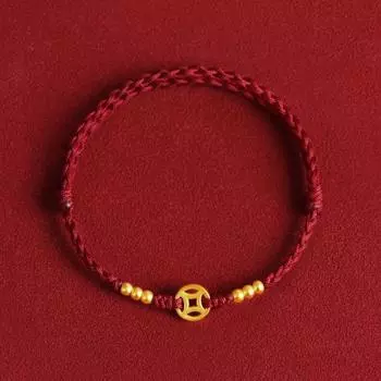 Good Luck and Fortune Coin Carrying Strap Gold-Plated Anklet for Men and Women Couple Lucky Beads Little Red Rope Copper Coins Copper-plated money bracelet-joy Red [adjustable]]