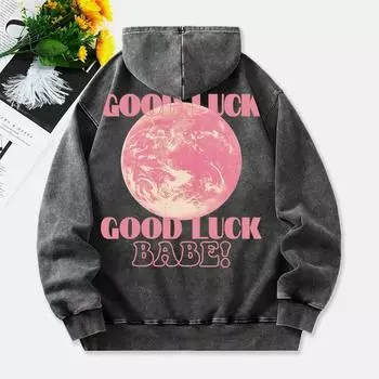 Good Lucky Babe Washed Hoodies Womens Pink Planet Printed Cotton Hooded Warm Pocket Oversize Winter Womans M
