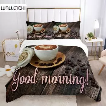 Good Morning Duvet Cover Set Microfiber Coffee Rose Cozy Breakfast Twin Bedding Set Double Queen King Size 2/3pcs Quilt Cover EU single(135x200cm)