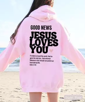 Good News Jesus Loves You 2024 Женская толстовка с капюшоном с принтом букв, женская повседневная спортивная модная флисовая толстовка с капюшоном S небесно-голубой