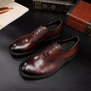 Goodyear Большие размеры Кожаные туфли Деловые туфли из натуральной кожи Мужские британские ретро туфли из мытой кожи Свадебные туфли 37 чёрный