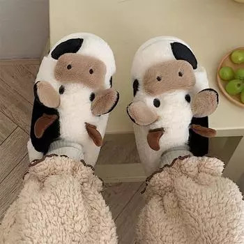 Goosecret Cute Plush Cotton Slippers For Women Winter 2024 Indoor Lovely Milk Cow Furry House Slippers Warm Cozy Bedroom Slides 36-37 чёрный
