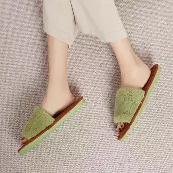 Goosecret Winter Warm Plush Flat Slippers Women Bedroom Slides Female Cute Open Toe House Slippers Cozy Soft Sole Faux Fur Shoes 36 зелёный