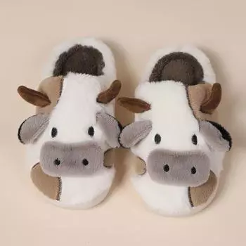 Goosecret Women Winter Cute Cow Cotton Slippers Soft Warm Non-slip Indoor House Slippers Comfortable Plush Flat Bedroom Slides 36-37