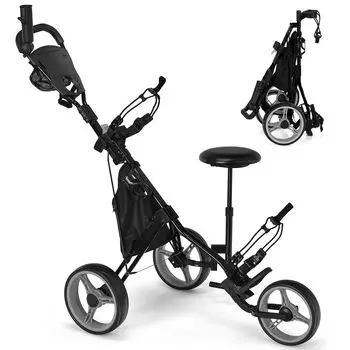 GOPLUS Golf Bag Carry Складная тележка для гольфа, тележка для переноски сумки для гольфа, тележка для переноски сумки для гольфа, тележка для переноски сумки для гольфа, 3 колеса, регулируемая высота, отдельно стоящая, компактная, толкаемая чёрный