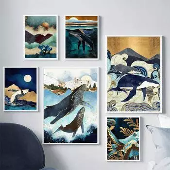 Гора, море, лес, кит, абстрактный пейзаж, настенная живопись на холсте, плакаты на скандинавскую тему, принты, настенные панно для декора гостиной 21x30cm No Frame