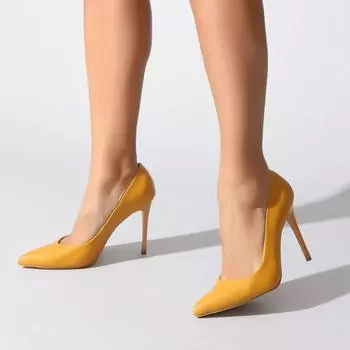 Горчичные кожаные женские вечерние туфли на шпильке