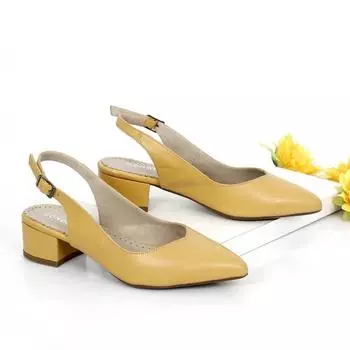 Горчичные женские летние туфли из натуральной кожи с острым носком, короткие, на толстом каблуке, с открытой спиной