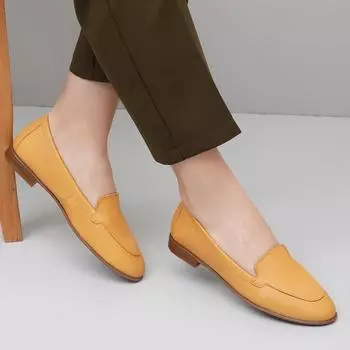 Горчичные женские туфли на плоской подошве из натуральной кожи с круглым носком на плоской подошве