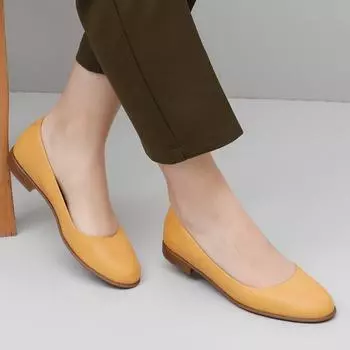 Горчичные женские туфли на плоской подошве из натуральной кожи с круглым носком на плоской подошве