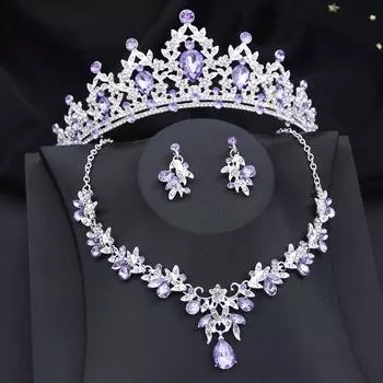 Великолепные фиолетовые хрустальные свадебные комплекты украшений для женщин, тиары, корона, серьги, свадебное ожерелье, комплект украшений