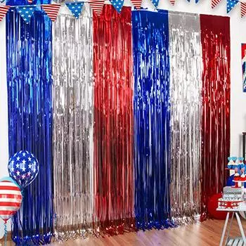 Gorgeous Red White And Blue Tinsel Curtain Ideal For Festive Independence Day Events 1x1M,RedSilverBlue