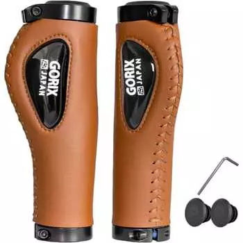 GORIX Bicycle Leather Grip with Silicone Cushion Pad Ergo Design (GX-501) Soft Shock Absorption Double Lock-on Fixed Stylish Handle Grip (Brown)