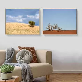 Горизонтальная версия лесного пейзажа, картина, синее, серое небо, песок, дерево, пейзаж, гостиная, диван, фон, украшение, плакат 21cm30cm NoFrame белый