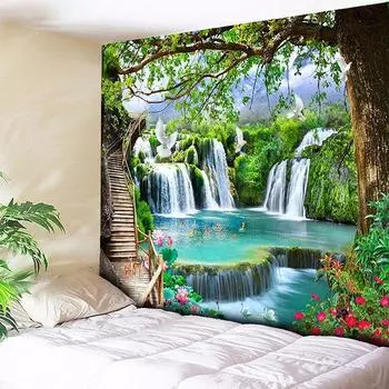 Горная текущая вода с принтом фоновая ткань Гостиная Пейзаж Подвесная ткань Спальня Общежитие Гостиная Настенная подвеска 75x75cm30x30inch