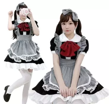 Горничная S Большая горничная Лолита Одна оборка Красная вечеринка на Хэллоуин [JUNDOMECY] Униформа, Клетчатая, Милая, Размер, Размер, Косплей, Часть, Фартук, Лента, Черный, Костюм, чёрный