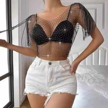 Горный хрусталь сексуальный сетчатый топ летний сетчатый женский жилет с короткими рукавами в виде бриллиантов XS чёрный