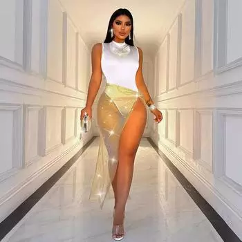 Горный хрусталь стрейч сетка сексуальный высокий разрез Spice Girls музыкальный фестиваль юбка секс платье XS