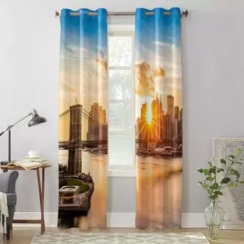 Город Закат Мост Сумерки Здание Окно Шторы Спальня Гостиная Оконные Шторы Кухня Украшения Жалюзи Шторы 135W x 60H(cm) x1