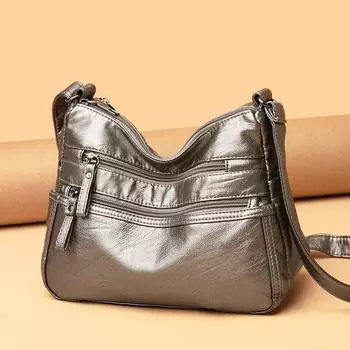 Городская простая женская сумка из мытой кожи, сумка через плечо, мягкая кожа, большая вместительная женская сумка с косым плетением серый