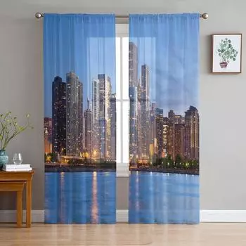 Городское здание морской пейзаж тюлевые прозрачные оконные шторы для гостиной спальни современный тюлевой вуаль шторы украшения 1 PCS W100XH250cm