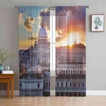Городское здание Пейзаж Прозрачная занавеска для гостиной Спальня Вуаль Шторы для окон Шторы из органзы Вечерние Тюлевые шторы 135W x 114H(cm)