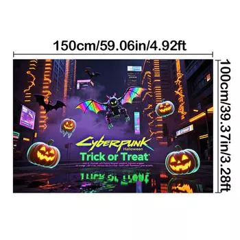 Городской стиль-Джек-о -фонарь, Дизайн летучей мыши-Баннер-фон на Хэллоуин для фотобудки, Для помещений/улицы, Праздник, Декор на Хэллоуин 150*100cm/59*39in/5*3ft