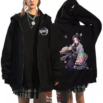 Горячая аниме-комедия «Убийца демонов» Kochou Shinobu Print Hooded Men Women Hoodies Zipper Casual Streetwear Harajuku Sweatshirt Zipper Jacket XS чёрный