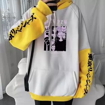 Горячая аниме Tokyo Revengers Harajuku Hoodies Manga Hajime Kokonoi Rindou Haitani Ran Haitani Unisex Oversize Patchwork Sweatshirt XS чёрный