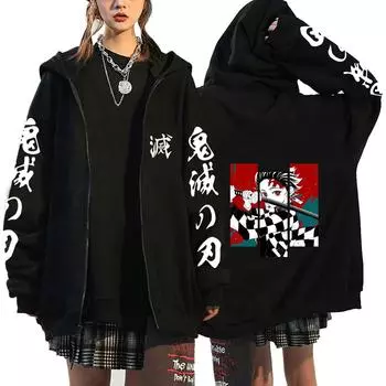 Горячая аниме-убийца демонов Камадо Танджиро с принтом, с капюшоном для мужчин и женщин, толстовки с капюшоном на молнии, свободная повседневная толстовка, куртка на молнии в стиле Харадзюку XS чёрный