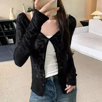 Горячая девушка чистое желание кружево V-образный вырез легкий и дышащий длинный рукав солнцезащитный кардиган футболка женская начало осени новый топ S