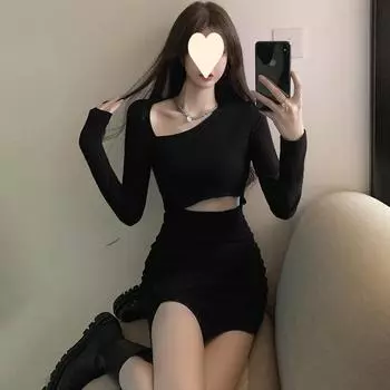 Горячая девушка осень 2025: Женское платье с длинными рукавами, косым воротником, ажурным дизайном и сексуальной талией S