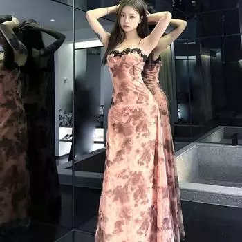 Горячая девушка сексуальное платье на подтяжках праздничное длинное платье с цветочным принтом и кружевом S